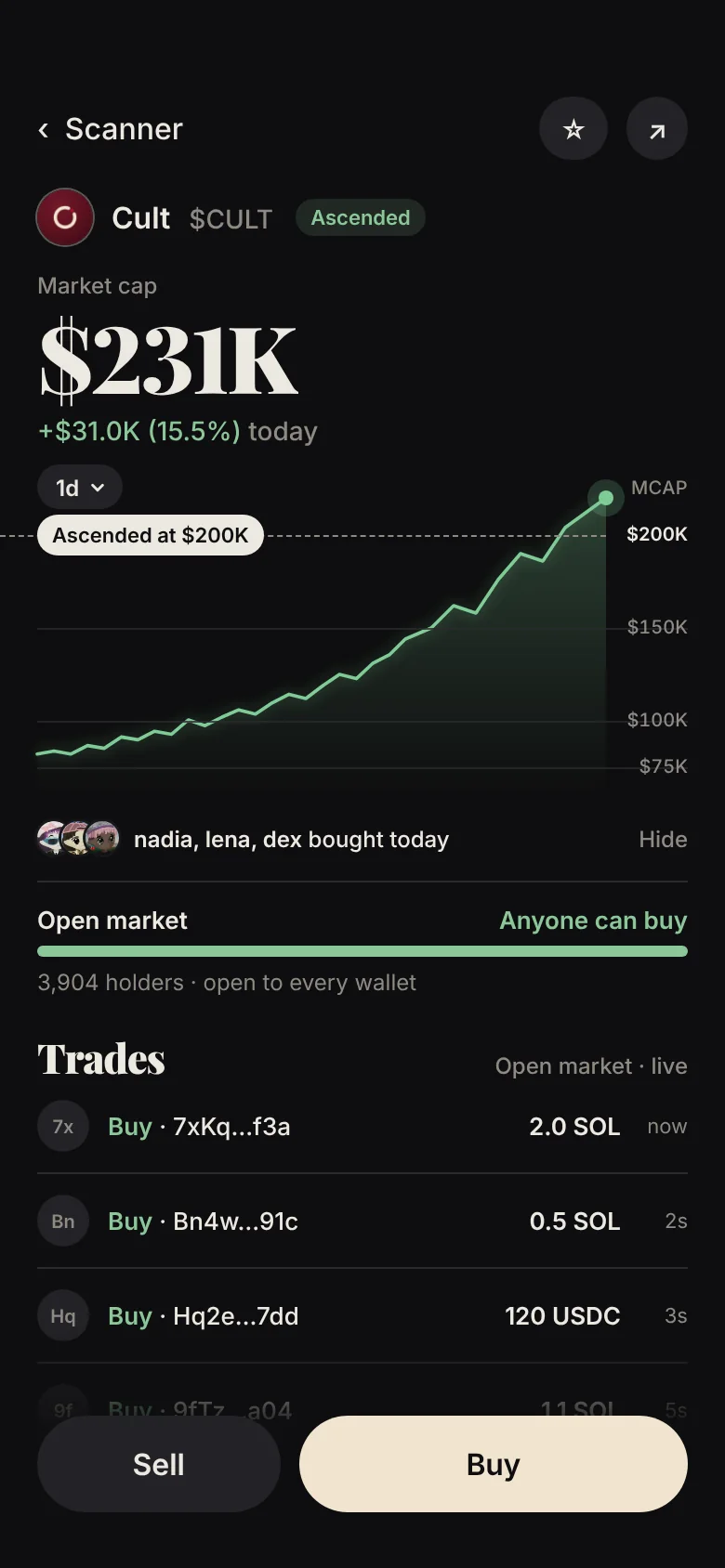The $CULT page after ascension: open market, anyone can trade, live trades.